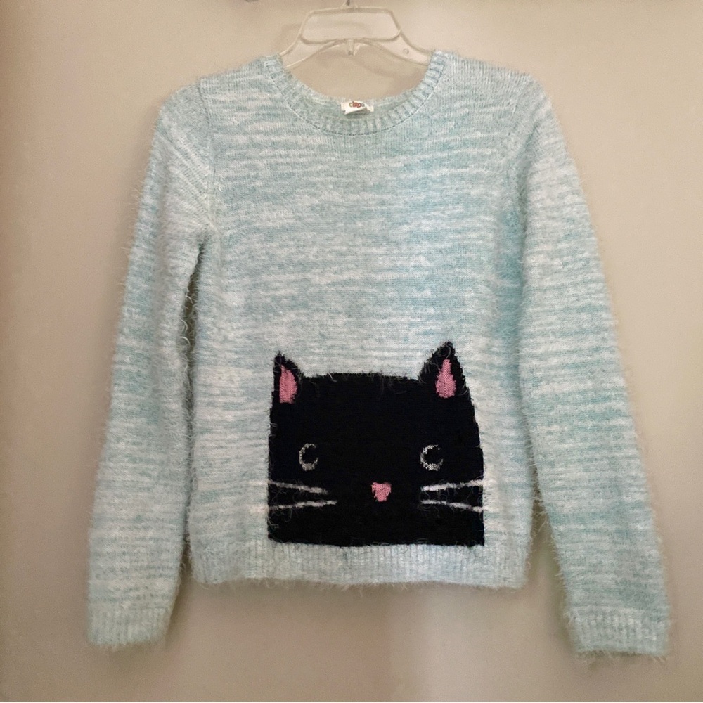 Fuzzy Cat Sweater - Light Blue and Black